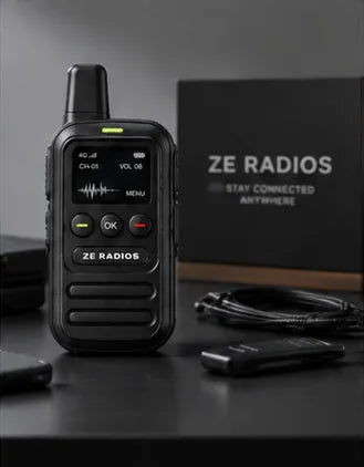 ZE Radio next to its box and charging cable