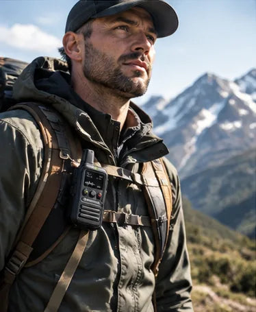 Hiker with a ZE Radio clipped to a backpack strap