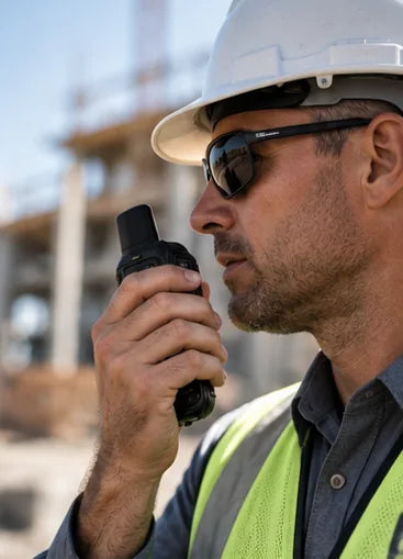 Construction worker using a ZE Radio on a job site