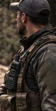 Person in outdoor gear with a ZE Radio on the chest