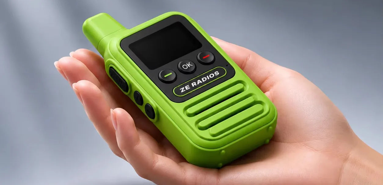 ZE Radio LTE in Lime resting in an open palm