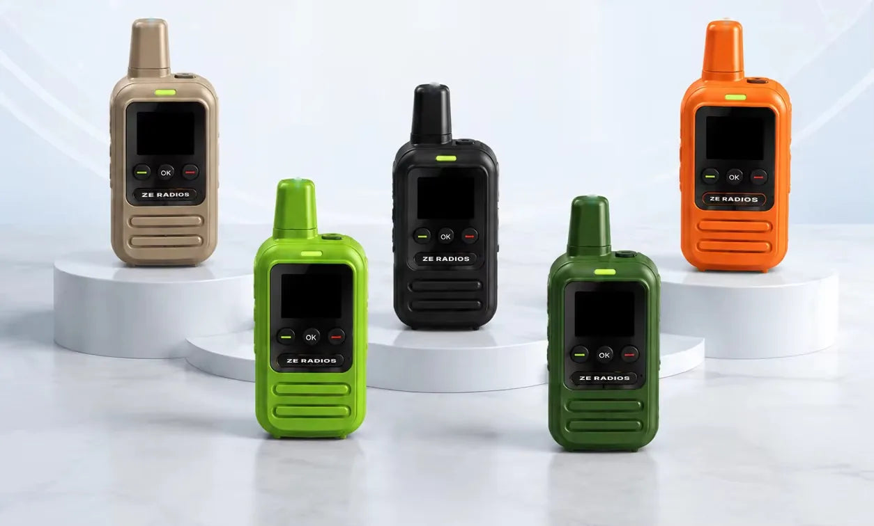 ZE Radio LTE in Sand, Lime, Midnight, Olive and Orange on display stands