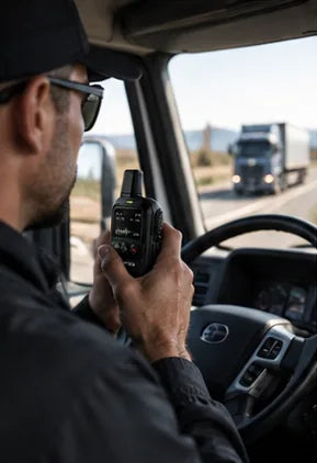 Truck driver holding a ZE Radio in the cab