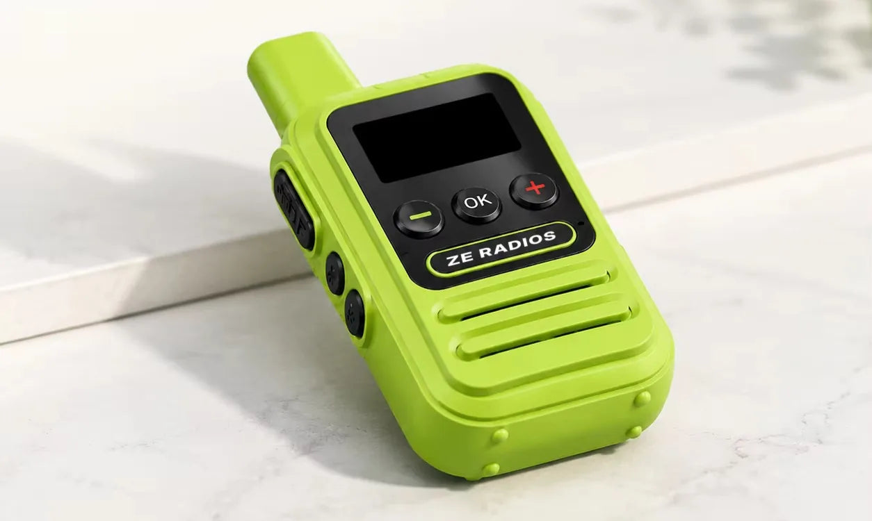 ZE Radio LTE in Lime on a stone ledge